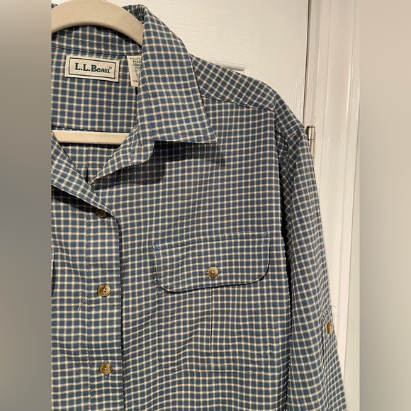 VTG L.L. Bean Size L Blue Plaid Nylon Stretch Roll Tab Hiking Outdoor Shirt - Picture 3 of 12